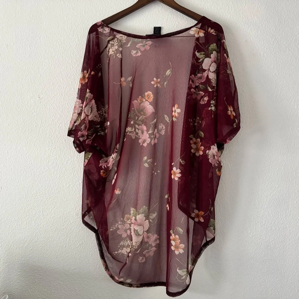 Mesh Kimono Floral Knit Wine Rose Relaxed Sheer Boho Size Large Polly & Esther - Picture 6 of 12
